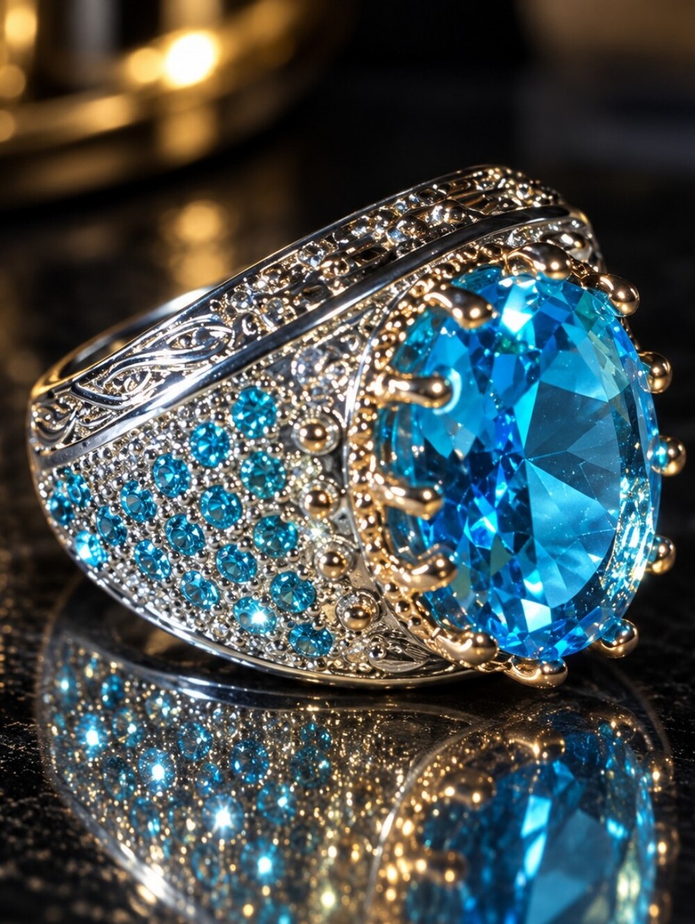 Men's Size 8 Aqua Blue Crystal Silver Tone Statement Ring